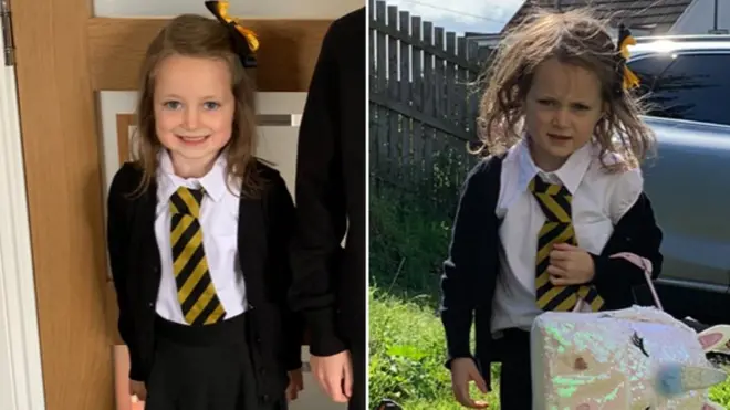 เมื่อคุณแม่ถามว่าทำอะไรบ้างที่โรงเรียนวันแรก เสื้อผ้าถึงได้เยินขนาดนี้ น้องลูซี่ตอบว่า "ก็ไม่มีอะไรมากค่ะ"