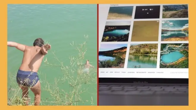 Dečak skače u jezero, pored ekran kompjutera