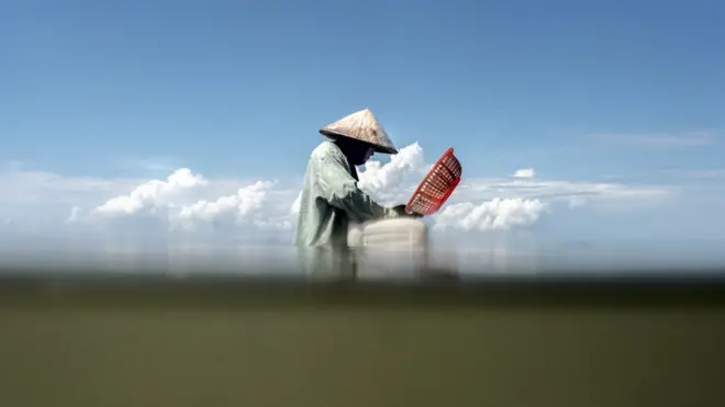 Рыбак проверяет ловушки на креветок в прибрежных водах провинции Кампот