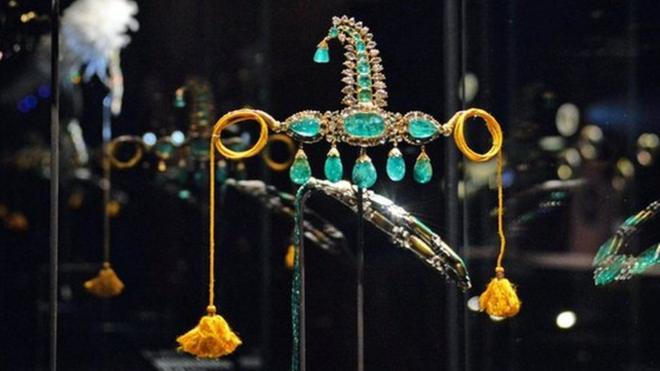 Jewels on display at the "Treasures of the Mughals and Maharajahs" Exhibition at Venice"s Doge"s Palace in Venice, Italy on 3 January 2018.