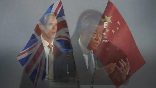 กราฟิกรูปโดมินิก ราบ กับ หลิว เสี่ยวหมิง ฉากหลังเป็นธงชาติ