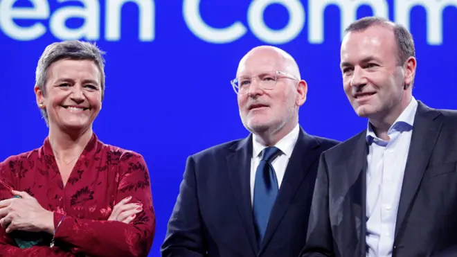 Suparnici za poziciju predsednika, Margaret Vestager (Dankinja, liberal); Frans Timerman (levi centar, Holanđanin); Manfred Veber (desni centar, Nemac)