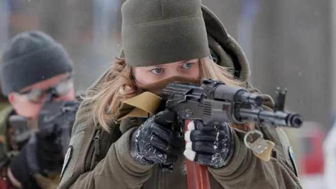 Ukrainian reservists attend a military exercise near Kiev, Ukraine, 05 February 2022 amid escalation on the Ukraine-Russian border.