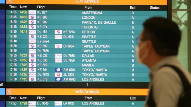 24일 오후 인천국제공항 제2여객터미널에서 출발·도착 현황판 앞으로 이용객들이 오가고 있다