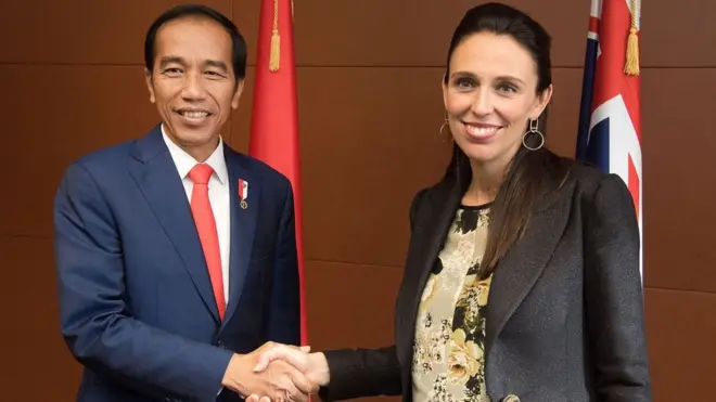 Presiden Joko Widodo dan PM Jacinda Arden yang sedang hamil.