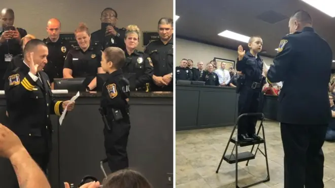 สาวน้อยอาบีเกล เข้าพิธีสาบานตนรับตำแหน่งเจ้าหน้าที่ตำรวจเกียรติยศของสถานีตำรวจเมืองฟรีพอร์ต เมื่อวันที่ 7 ก.พ.ที่ผ่านมา