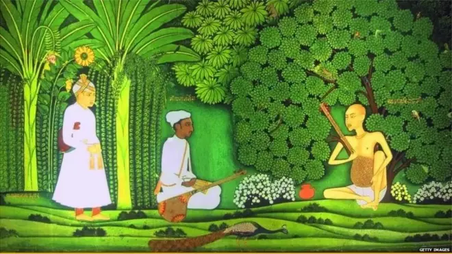 స్వామి హరిదాస్ దగ్గర సంగీతం నేర్చుకుంటున్న తాన్సేన్ను గమనిస్తున్న అక్బర్