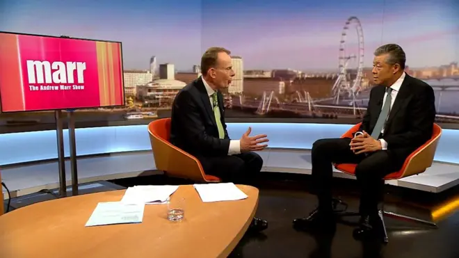 劉曉明（右）接受Andrew Marr（左）專訪（9/2/2020）