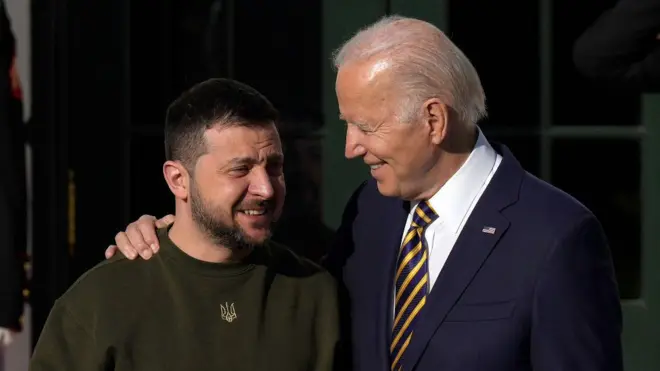 President Zelensky is embraced by his American counterpart Joe Biden