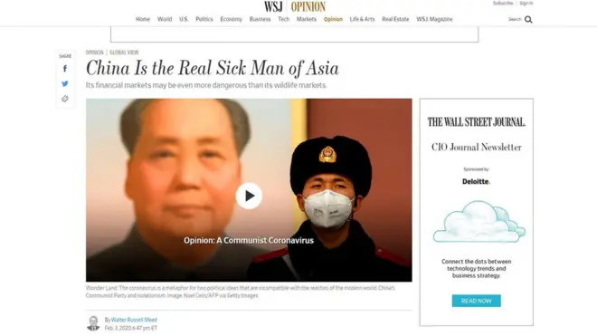 《华尔街日报》网站截图，仍可见到这篇引发争议批评的文章。其视频标题是：观点：一场共产主义的冠状病毒。