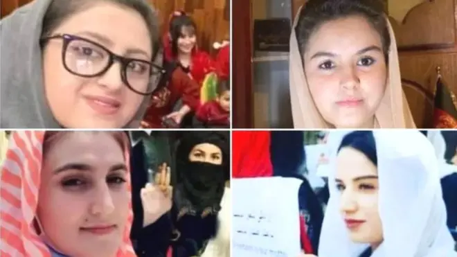 تمنا زریاب پریانی و پروانه ابراهیم‌خیل (بالا) و مرسل عیار و زهرا محمدی فعالان زن که در کابل بازداشت شده بودند