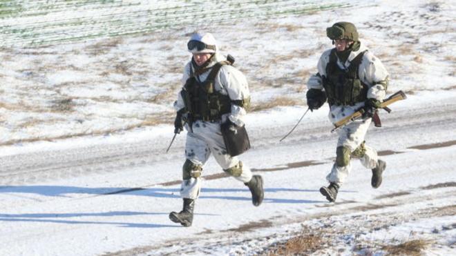 Two Russian troops take part in military exercises in Belarus