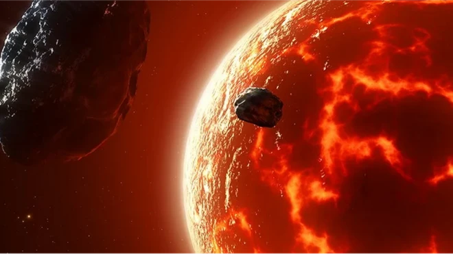 ภาพจำลองหินอวกาศกับโลกที่ยังร้อนแดงเหมือนนรก ในช่วงบรมยุคเฮเดียนกว่า 4,000 ล้านปีก่อน