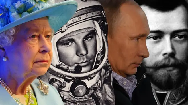 Queen Elizabeth II, Yuri Gagarin, Vladimir Putin, Nikolai II