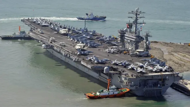 US nuclear powered aircraft carrier USS Nimitz arrives at the southern port city of Busan on May 11, 2013. US warships led by the aircraft carrier USS Nimitz arrived in South Korea for sea drills following large-scale, annual joint land drills that have infuriated North Korea. AFP PHOTO / JUNG YEON-JE (Photo credit should read JUNG YEON-JE/AFP/Getty Images)