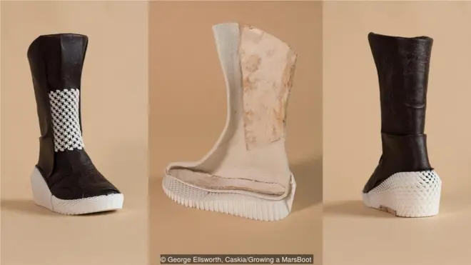 靴子的外层由菌丝体制成，里层是以菌丝体为基底的棉麻复合材料。