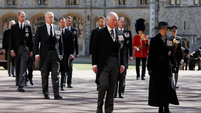 Princess Anne, Princess Royal, Prince Charles, Prince of Wales, Prince Andrew, Duke of York, Prince Edward, Earl of Wessex, Prince William, Duke of Cambridge, Peter Phillips, Prince Harry, Duke of Sussex, Earl of Snowdon David Armstrong-Jones and Vice-Admiral Sir Timothy Laurence follow Prince Philip, Duke of Edinburgh's coffin during the Ceremonial Procession during the funeral of Prince Philip, Duke of Edinburgh at Windsor Castle on April 17, 2021