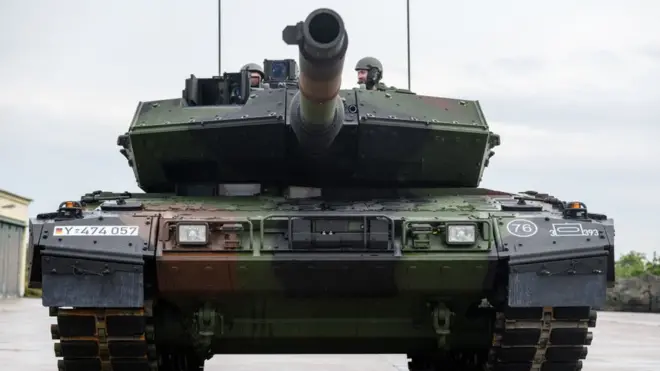 A Leopard 2 A7V battle tank pictured in Germany in 2021