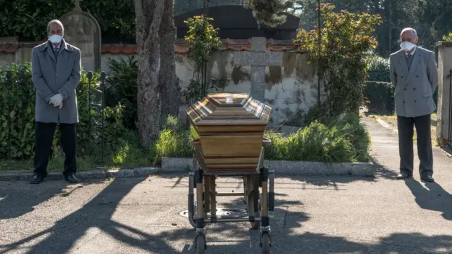 An elderly woman's funeral takes place in France under coronavirus restrictions.