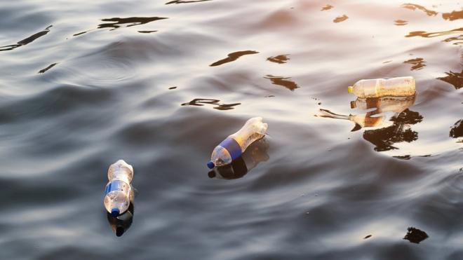泰国一条河流上漂浮的塑料瓶