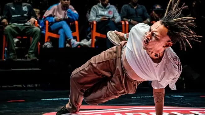 A dancer performs at the Breakdance World Cup in Eindhoven