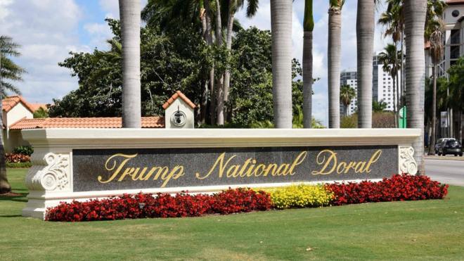 Trump National Doral sign of the golf resort owned by US President Donald Trump's company in Miami,