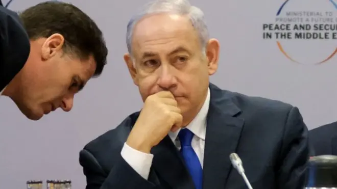 رئيس الوزراء الإسرائيلي بنيامين نتنياهو أثناء حضور مؤتمر الأمن والسلام في الشرق الأوسط في وارسو، بولندا 14 فبراير/شباط 2019