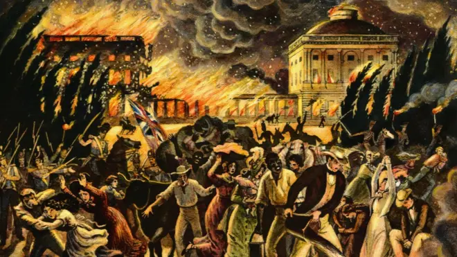 This undated drawing shows the burning of Washington, DC, with the White House in the background