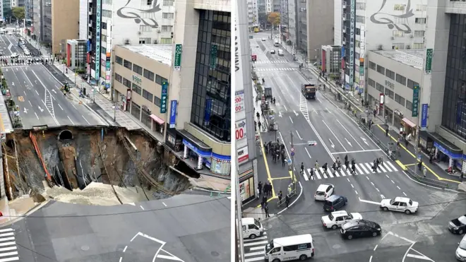 The street in the Japanese city of Fukuoka, pictured on the day the sinkhole appeared (left), and one week later after its restoration