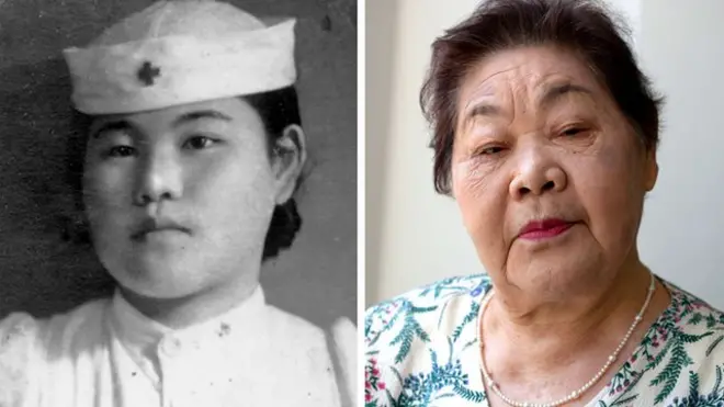 تيروكو يوينو حين كانت ممرضة في مستشفى الصليب الأحمر في هيروشيما (إلى اليسار) وصورتها في عام 2015