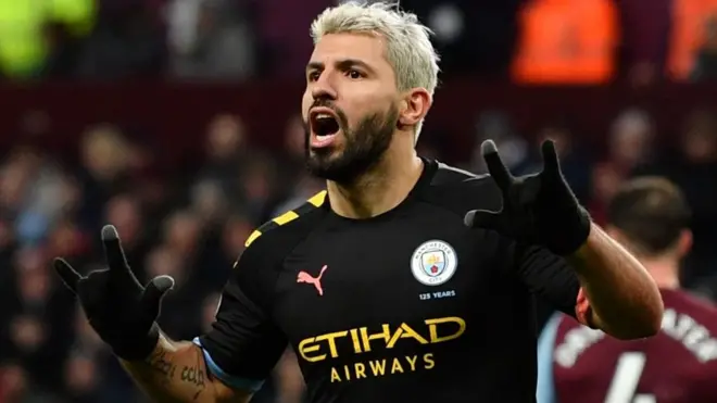 Aguero dey celebrate im goal during di English Premier League game between Aston Villa and Manchester City for Villa Park