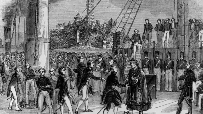 رسم يمثل توقيع معاهدة نانجينغ على متن السفينة البريطانية ان اتش اس كورنويل والتي أنهت حرب الأفيون الأولى