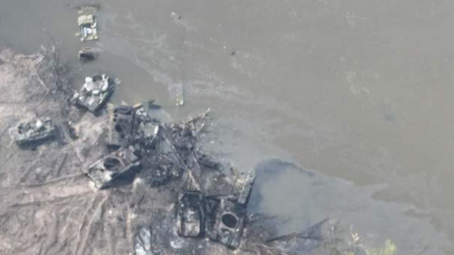 A photo purportedly showing destroyed Russian armoury on the banks of the Siverskyi Donets river, Luhansk region