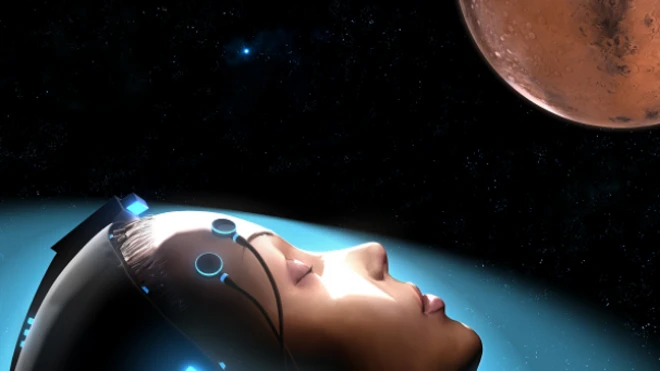 ภาพจากจินตนาการของศิลปิน แสดงการนอนหลับจำศีลระยะสั้นระหว่างเดินทางสู่ดาวอังคาร