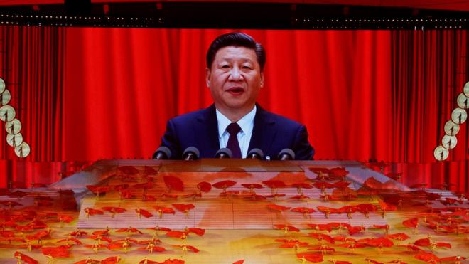 A screen shows Chinese President Xi Jinping during a show commemorating the 100th anniversary of the founding of the Communist Party of China at the National Stadium in Beijing, China June 28, 2021.