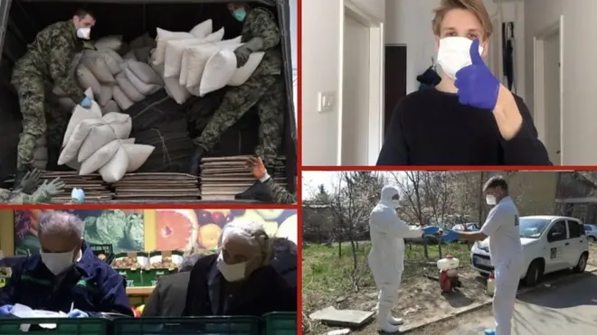 Четири фотографије у једној: војници, пензинери, маске