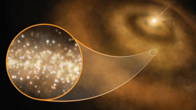 (ภาพจากฝีมือศิลปิน) อนุภาคเพชรที่เล็กระดับนาโนซึ่งหมุนวนอยู่รอบดาวฤกษ์อายุน้อย เป็นที่มาของแสงสว่างและคลื่นไมโครเวฟลึกลับที่ตรวจจับได้ก่อนหน้านี้