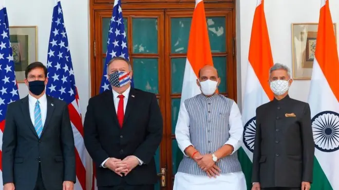 अमेरिकाका रक्षामन्त्री मार्क एस्पर (बायाँबाट) र विदेशमन्त्री माइक पोम्पेओले भारतका रक्षामन्त्री राजनाथ सिंह र विदेशमन्त्री एस जयशङ्करसँग भेटवार्ता गरेका छन्