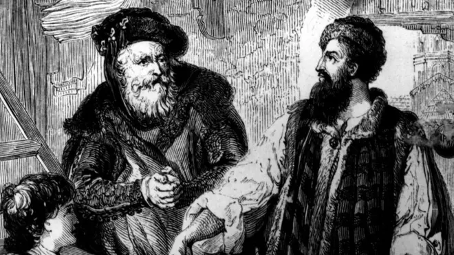 Ishusho igenekereza Johannes Gutenberg (ibumoso) n'uwo bakoranaga Johann Fust basuzuma inyandiko y'uko imashini ya mbere icapa bakoranye izakora akazi, mu 1455