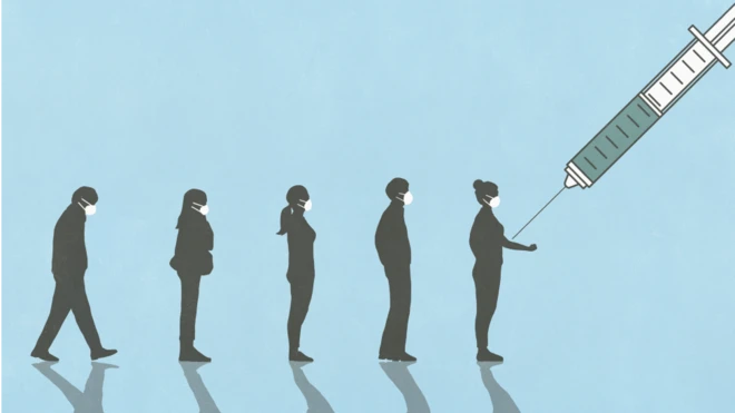 Ilustración de personas haciendo fila para la vacuna