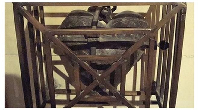 The iron container holding the preserved heart in Christ Church Cathedral, Dublin.