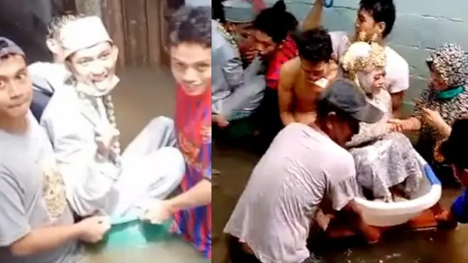 Video pasangan yang akan menikah menjadi viral lantaran warga membantu dengan alat seadanya yakni ember. Perahu karet terlalu besar untuk masuk gang.