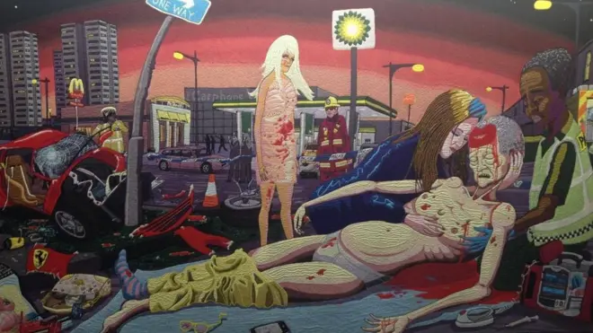 Гобелени Перрі зображують життя вигаданого персонажа Тіма Рейквелла, від його народження ‎крізь підлітковий та дорослий вік до передчасної смерті у автокатастрофі‎