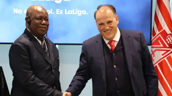 LPFC president Pierre Semengue and La Liga president Javier Tabas after dem sign MOU
