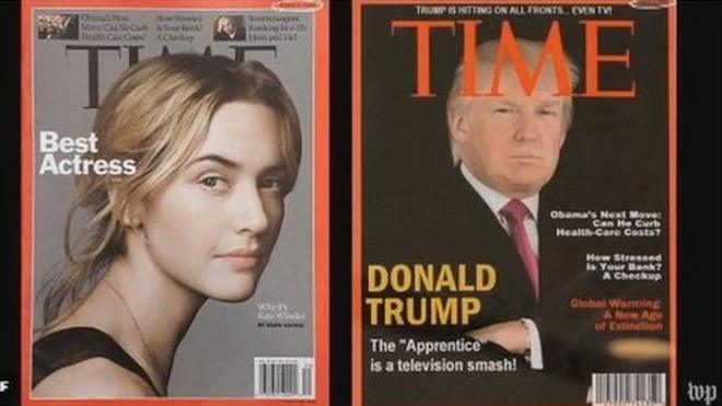 Una portada de la revista Time con Trump colgada en uno de los clubes de golf.