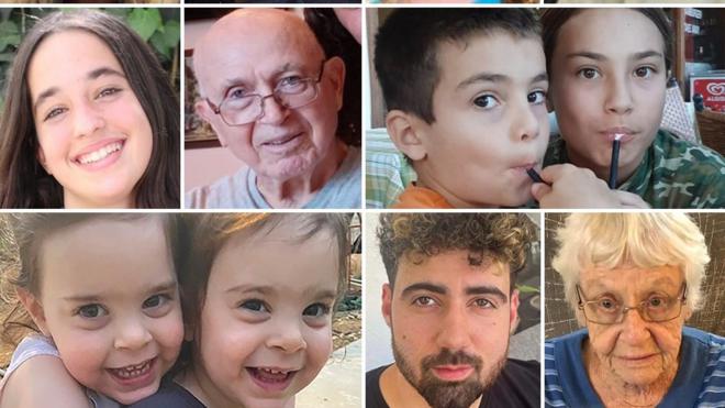 Composite image showing people abducted by Hamas, L-R from the top: Doron Steinbrecher, Shani Goren, Emily Hand, Alex Danzig, Gali Tarshansky, Amiram Cooper, Erez and Sahar Kalderon, Emma and Julie Alony Cunio, Guy Gilboa-Dalal and Ditza Heiman.