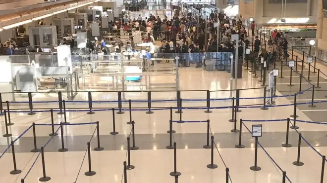 A half empty airport security entrance