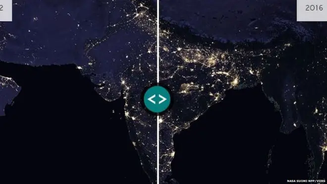 ચાર વર્ષમાં ભારતમાં પ્રકાશનો વ્યાપ વધ્યો છે, તે દર્શાવતી નાસાની તસવીર.