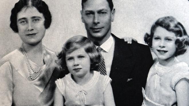 A formal portrait of the-then Duchess of York, Princess Margaret, the Duke of York - later King George VI - and Princess Elizabeth