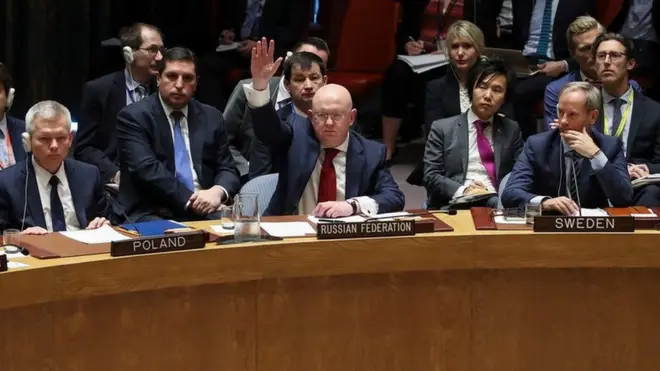 Russian Ambassador to the United Nations Vasily Nebenzya voted in favour of a resolution at the UN security council to condemn a US strike against Syria.